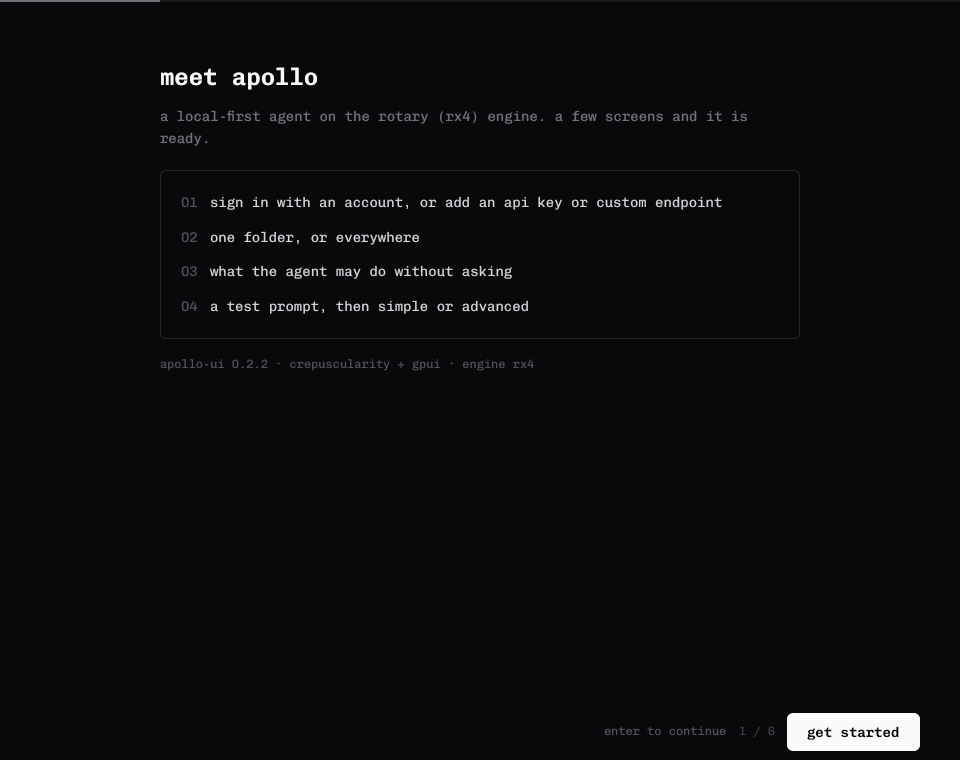 Apollo welcome screen with four setup steps and a get started button
